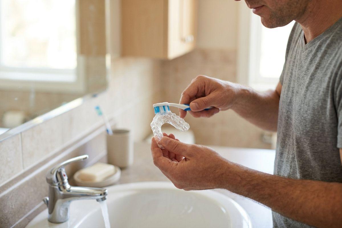 Adult scrubbing a clear dental aligner with a toothbrush over a bathroom sink.