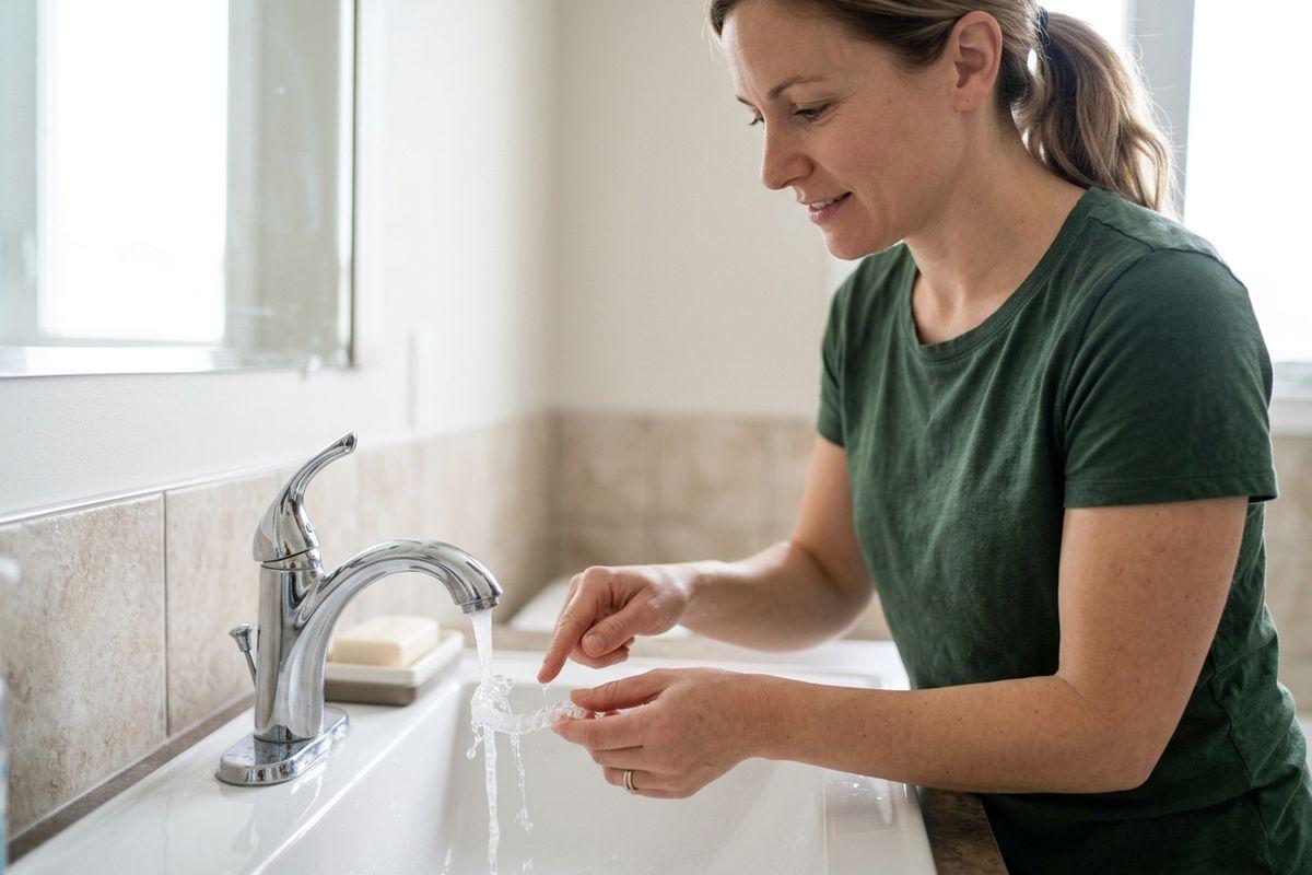 Adult smiling while rinsing a clear dental aligner under running water at a bathroom sink.