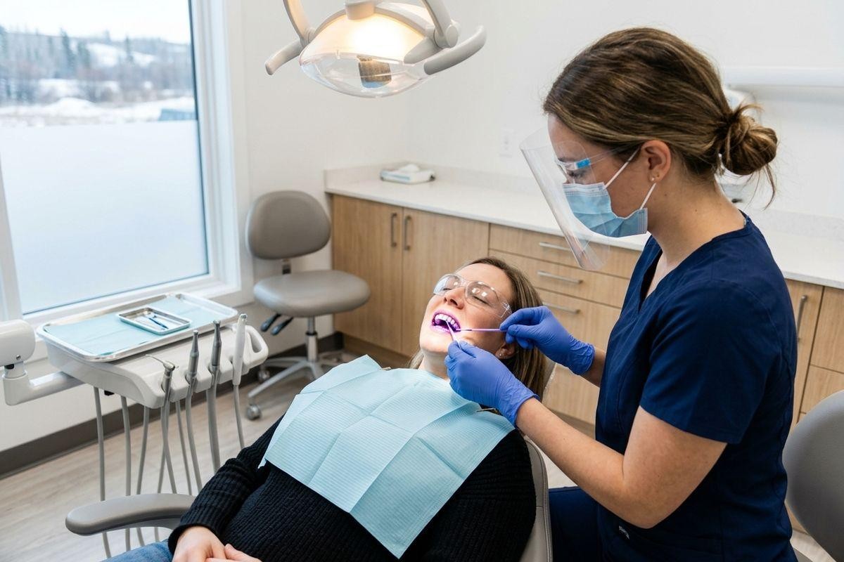 Dentist in face shield and gloves examines the teeth of a patient reclining in a dental chair by a snowy window.
