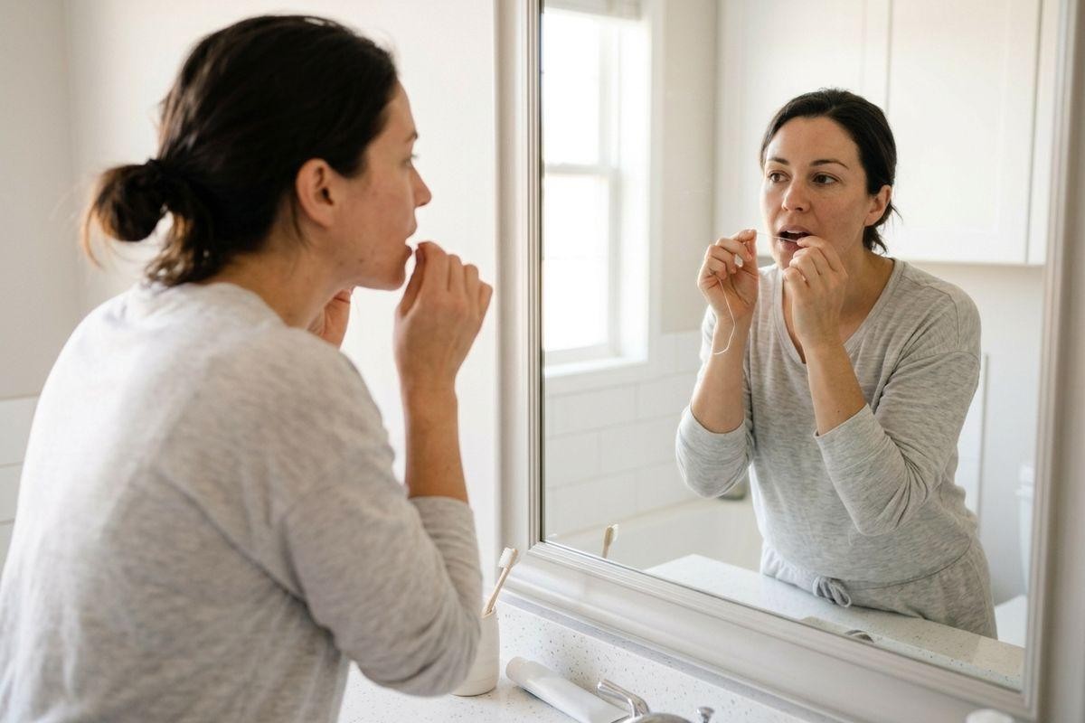 Person flossing teeth while looking in a bathroom mirror.